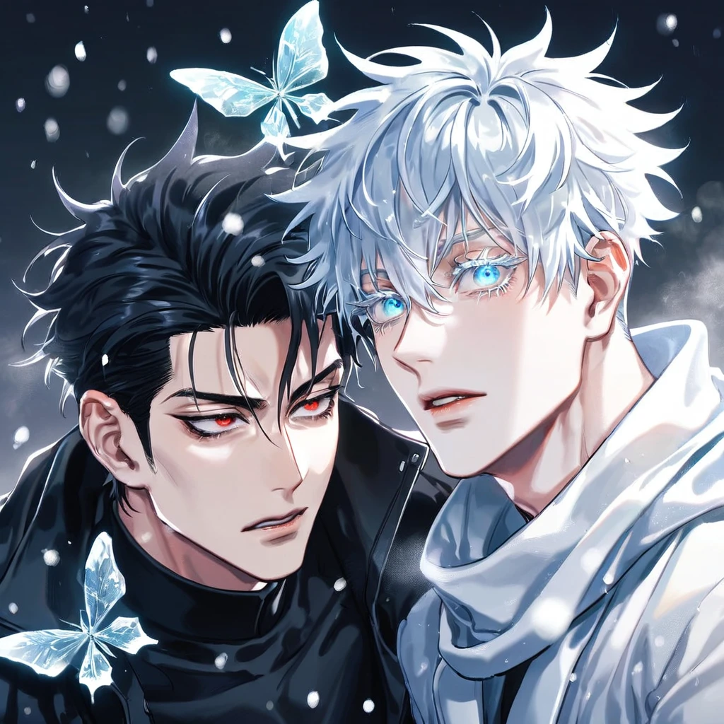 (absurdres, highres, ultra detailed, HDR) master piece, best quality, extremely detailed face, delicated features, Gojou Satoru, white hair, expressive blue eyes, white eyelashes, Jujutsu Kaisen, Yoo Joonghyuk, black hair, hair between the eyes, expressive red eyes, two sexy men together, yaoi, gay couple, white coat, black coat, black tight shirt, scarf, snowing, snow, snowflakes, ice butterflies, night sky, magical, fantasy, winter