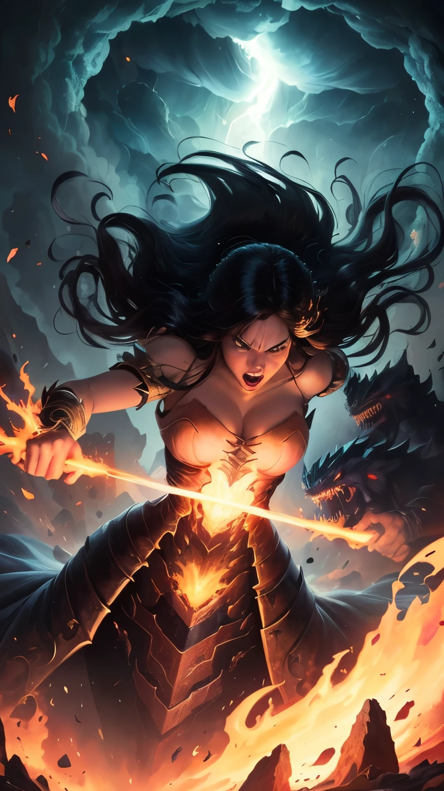 ((best quality)), ((masterpiece)), (detailed), A digital illustration of a furious woman in a light peach color princess dress with long black hair flying in the air surrounded by monsters, with a tornado and lava in the background 