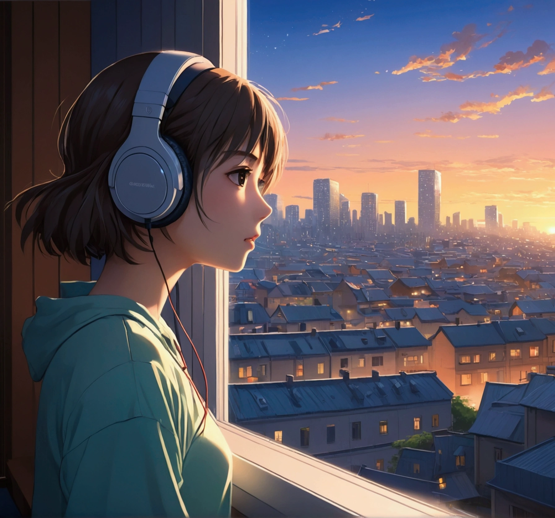 Anime girl wearing headphones looking out the window at the city, LOFI Girl, Anime atmosphere, Lofi Artstyle, Anime Style 4k, Anime Aesthetics, Nightcore, Lo-fi feeling, Lofi Art, anime art wallpaper 4k, anime art wallpaper 4k, anime wallpaper 4k, anime wallpaper 4k, An atmosphere of praise,Makoto Shinkai style