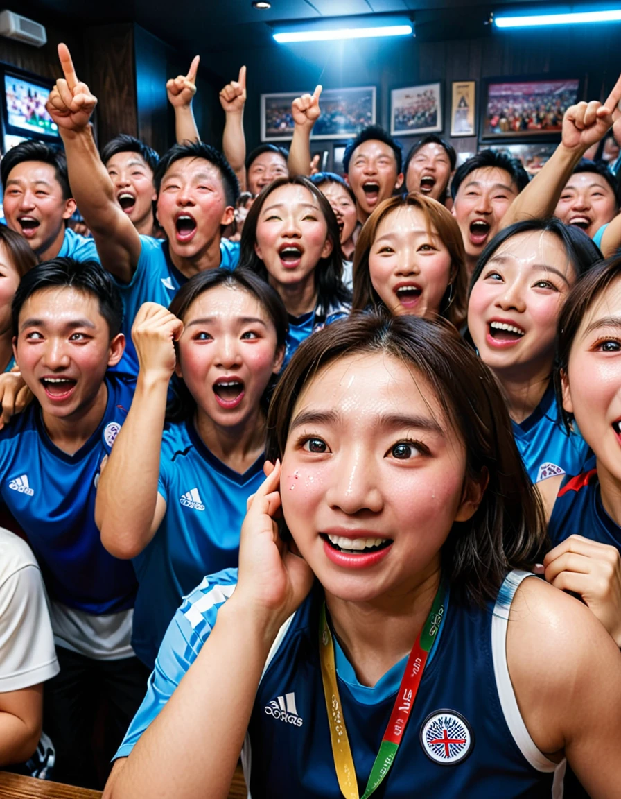 A large crowd celebrating the victory of their Olympic team at a sports bar、A person who sheds tears of joy々Detailed depiction of、Dramatic lighting、Ultra-realistic、Cinematic、Award-winning photography、Vibrant colors、Super detailed、8k、Highest quality、masterpiece