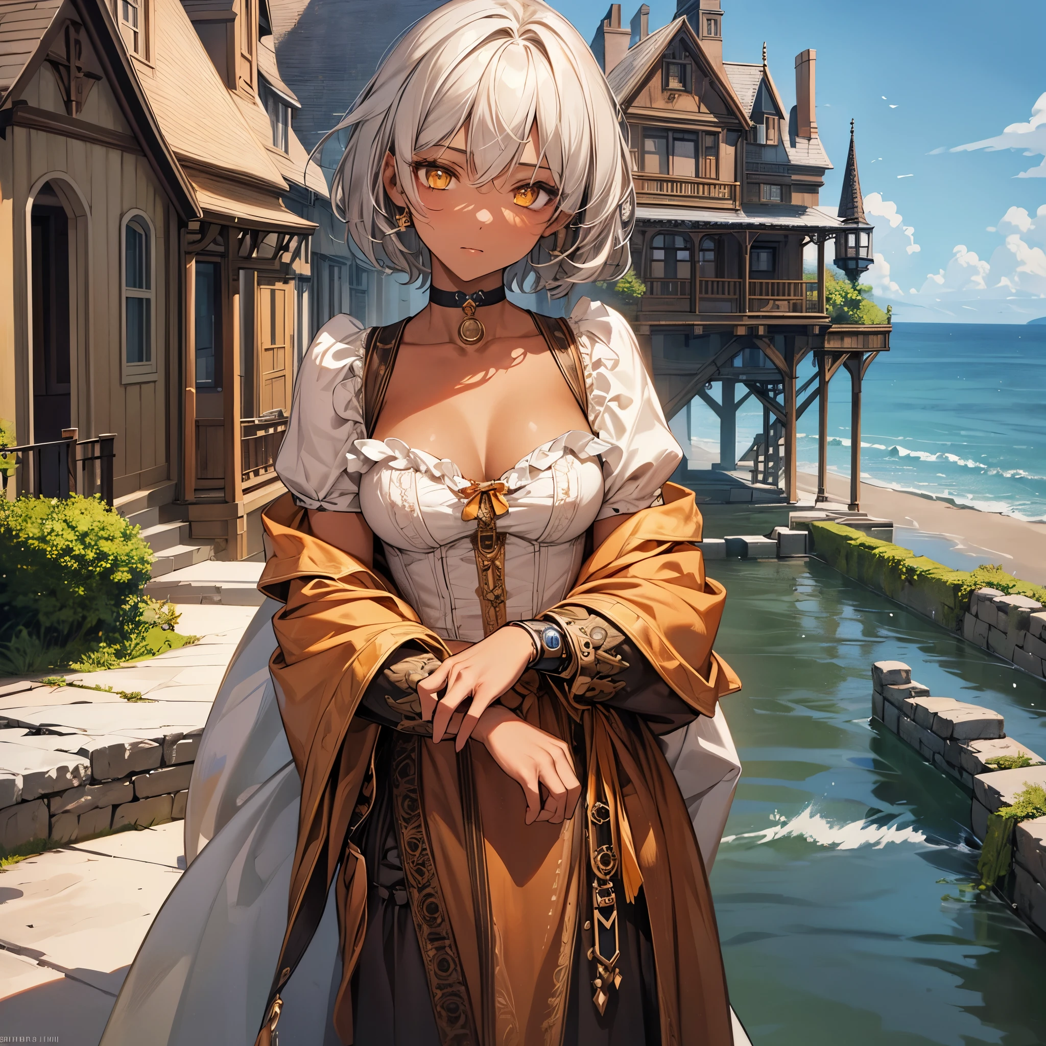 masterpiece, Highest quality, Perfect Face, Highest Resolution, Highest quality,Detailed depiction of the eyes, 1 girl, young, dark tan skin, slate gray hair, short hair, upturned eyes, Yellow Orange eyes, Perfect Anatomy, ribbon choker, Seaside house, 8k,steampunk