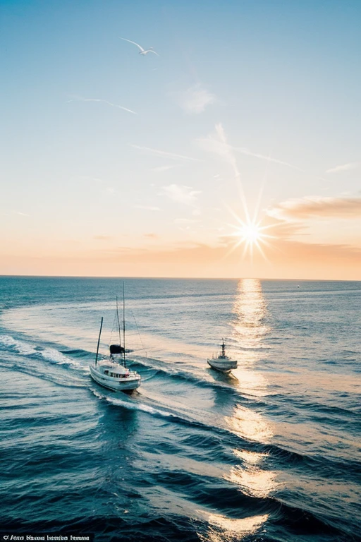 The sea is calm, illuminated by sunlight, a flock of dolphins frolics in it and a yacht is swimming, remove the waves and clouds in the sky, add a yacht and dolphins, make the sun at its zenith and add a ship