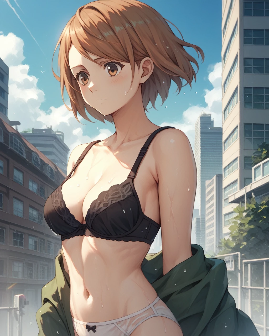 score_9, score_8_up, score_7_up, petra ral, 1girl, solo, short hair, brown hair, brown eyes, black bra, white panties wet,city,whole body,stand
