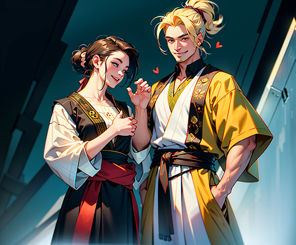 masterpiece, best quality, high resolution, Extremely detailed), The woman, with her hair neatly tied back, makes a heart gesture with her hands. The man, standing confidently beside her, looks happy and energized. Both exude positivity and a spirit of generosity.
