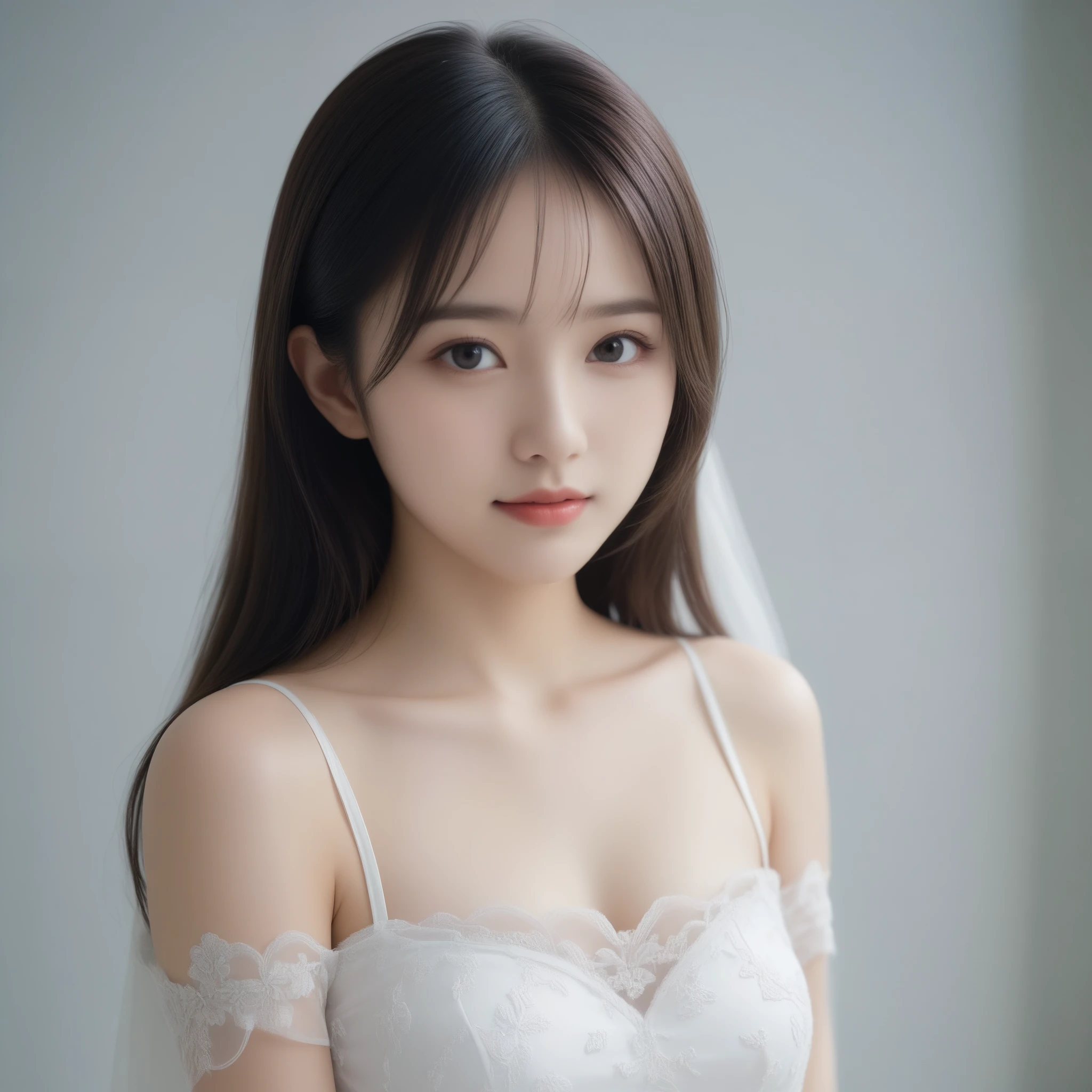 8k, Ultra-high resolution, Highest quality, masterpiece, 三分割法によるphotograph,Surreal, photograph, 1 Girl, (:1.3), pretty girl, Cute Face, Beautiful eyes in every detail, 細かくdetailedに,masterpiece,One Girl:1.2,Japan Female Teachers,extream close up,sad,light smile,Long black hair,Straight long hair,(印象派の美しい少女のPortraiture),(Impressionist light and colour), (Gray background:1.3),(White Wedding Dress:1.3),(Fairy, bride, Shiny Hair, Beautiful dark eyes, So cute and beautiful,16 years old0.8),Sharp contours,Looking down, (Wedding Veil,White lace), Light from above, (Side view),, Perfect and beautiful face ,完璧でCute Face, Skin with attention to detail, Perfect limbs、Narrow waist,Looking at the audience,(((Ideal body type))),A cup small breasts :2,Portraiture:2,Perfect Anatomy,鮮明なdetailed,detailed,Surreal,Light and shadow,glowing