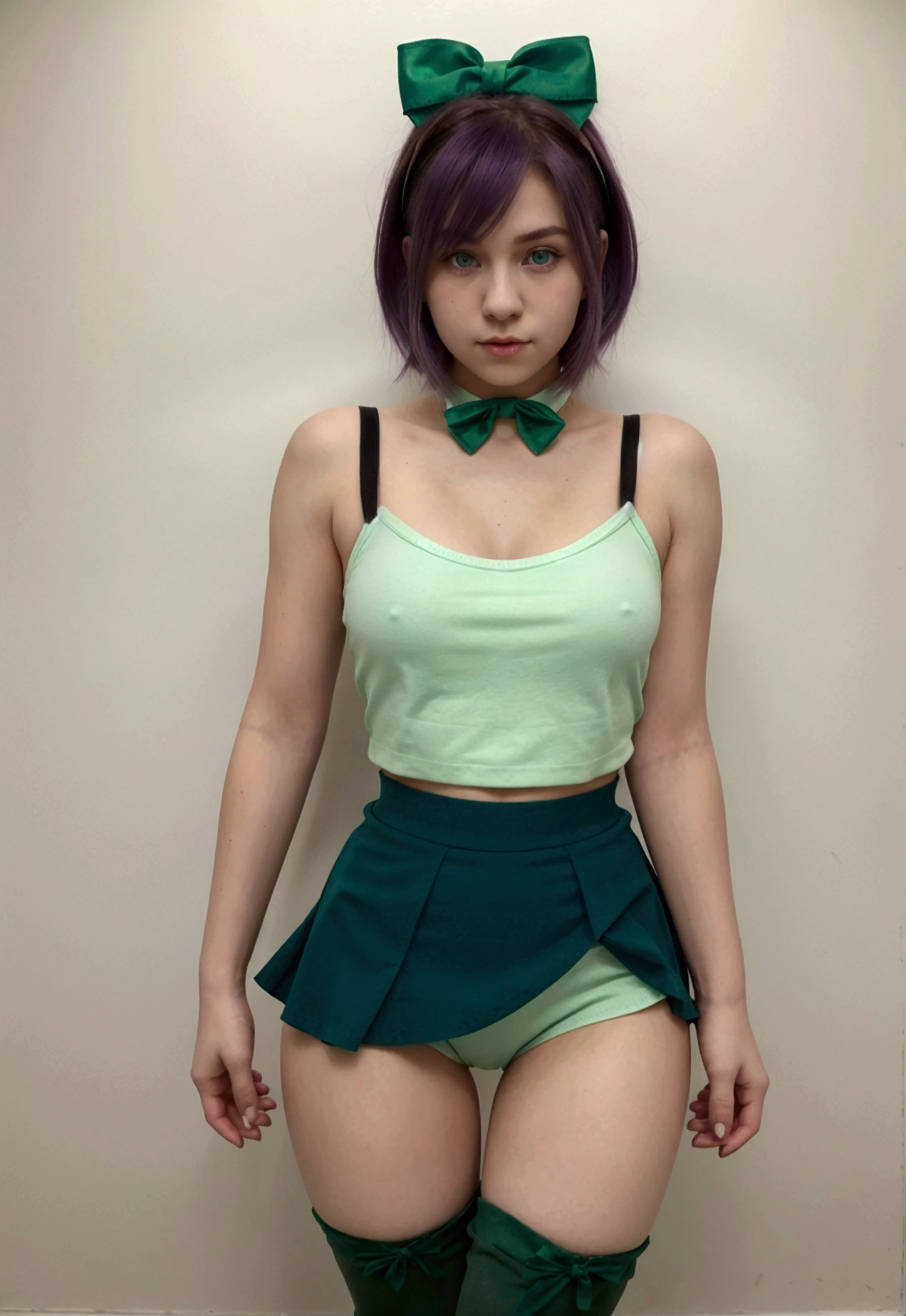 age girl with purple hair, medium short chin length hair, blue eye color, White skin, European ancestry, wearing green in green top , with a red bow in the center of the chest, short black skirt, black pantyhose on legs and dark brown boots