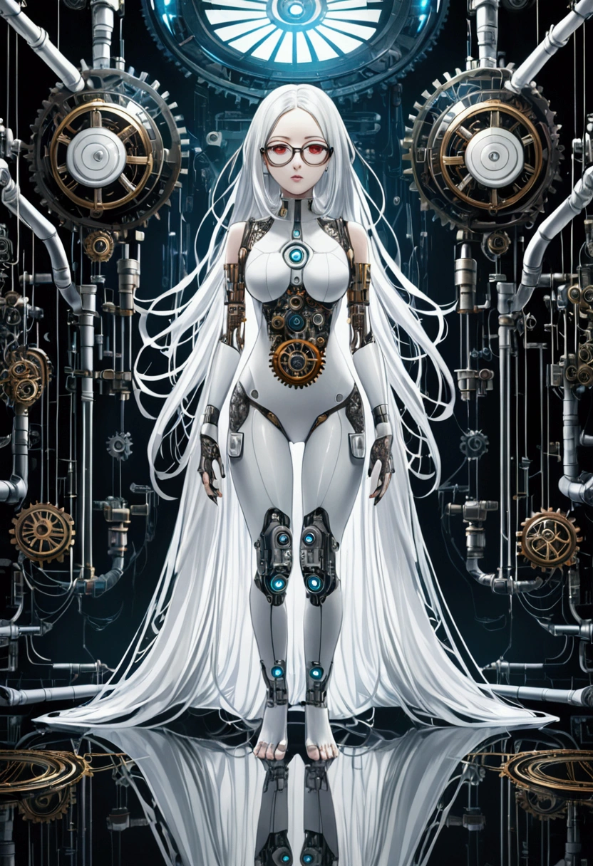 Create a cyberpunk fantasy full body image of a young Asian woman android with big eyes and glasses, white long hair, a white body, clear plastic skin, visible gears, pipes, wires and mechanisms, random pose, human limbs, standing on reflection floor. White rope lace cover on shoulders. high resolution. Intricate details.