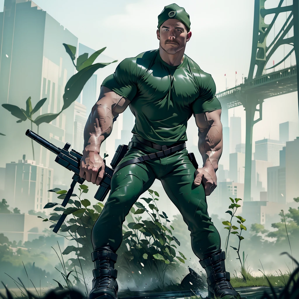 1 man, male focus solo, middle aged man,(((Stephen AMELL))) as private army soldier, lean muscle,dark green shirt, camouflage pants ,green belt , dark green boots ,( big bulge), full body shot, dark blond short hair, well groomed facial hair, smiling ,looking at the view, proud, holding a gun with one hand, , ultra high quality, masterpiece, (clear intense splashed dark green and white paint in the blackground)