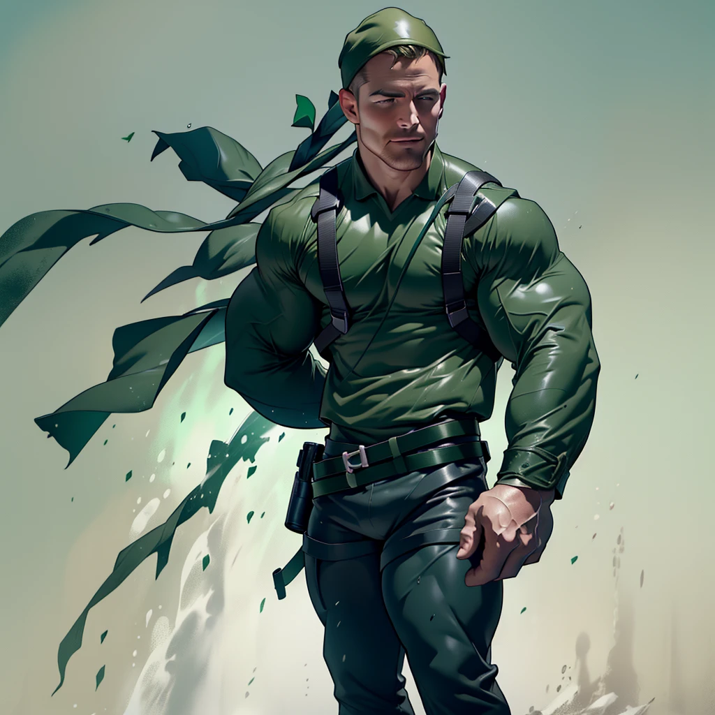 1 man, male focus solo, middle aged man,(((Stephen AMELL))) as private army soldier, lean muscle,dark green shirt, camouflage pants ,green belt , dark green boots ,( big bulge), full body shot, dark blond short hair, well groomed facial hair, smiling ,looking at the view, proud, holding a gun with one hand, , ultra high quality, masterpiece, (clear intense splashed dark green and white paint in the blackground)
