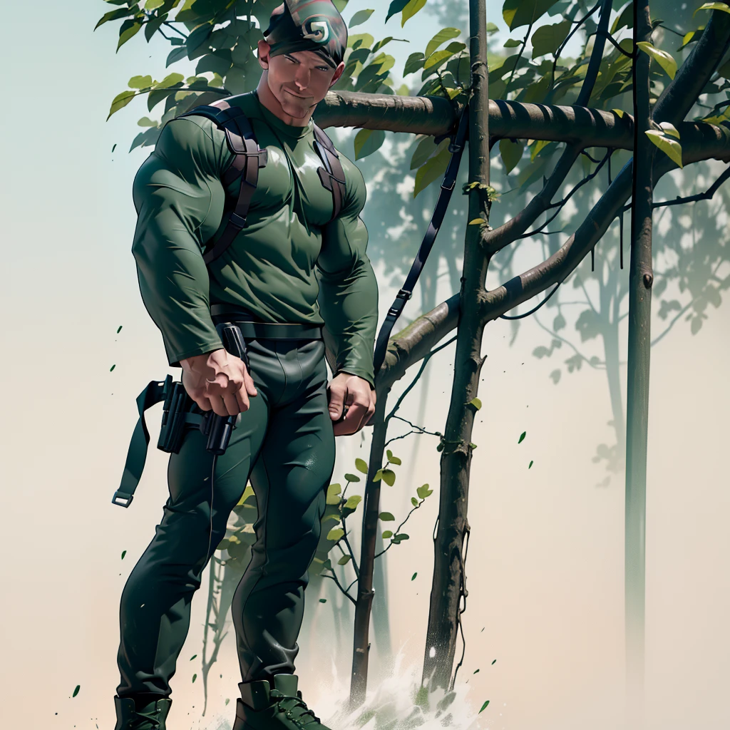 1 man, male focus solo, middle aged man,(((Stephen AMELL))) as private army soldier, lean muscle,dark green shirt, camouflage pants ,green belt , dark green boots ,( big bulge), full body shot, dark blond short hair, well groomed facial hair, smiling ,looking at the view, proud, holding a gun with one hand, , ultra high quality, masterpiece, (clear intense splashed dark green and white paint in the blackground)