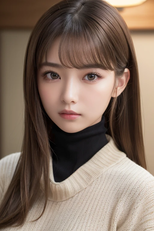 (masterpiece:1.5)、(Realistic:1.5)、(Highest quality:1.4、8k、RAW Photos)、
Ultra-high resolution、Professional Lighting、Perfect dynamic composition、indoor、
Film Grain、chromatic aberration、(Bokeh:1.1)、
Frank、Sophisticated、charm、Surreal、Attention to detail、Golden Ratio、
(1 girl)、Slender girl、繊細でcharm女の子、Cute Woman:1.4、
Serious expression、Looking at the audience、
Light brown hair、Shiny Hair、Random Cute Hairstyles、
Realistic looking skin、
Shut your mouth.、Beautiful Eyes、double eyelid、Thin arms、
(Wearing a black turtleneck knit)