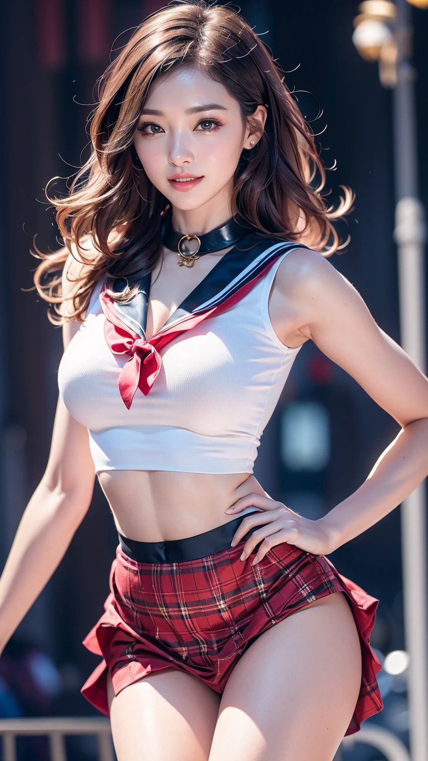 the Extremely Detailed CG Unity 8K Wallpapers, extremely delicate and beautiful, a stunningly, finely detail, Official art, absurderes, incredibly absurdness,  ultra-detailliert,Light on the Face,looking at the viewers, (Perfect female figure), Slim waist, full body Esbian,  is standing, ((a sailor suit, plaid skirts, shirt with collar, Midriff, Open your clothes, sleeveless shirts)), bare arm, bangss, (Best Quality, 4K, masutepiece: 1.3), Beautiful Japan Alafed Woman、２５years old、Hyper-realistic, 1girl in,hyperdetailed face,Detailed lips, Detailed eyes,double eyelid, (Beautiful detailed lips),Sexy face、light brown hair、Medium Hair、(Attractive body: 1.2), (thin waist:1.1)、floated hair、((solo))、 half laugh, multicolored background, looking at the viewers,big breasts thin waist,movie lighting