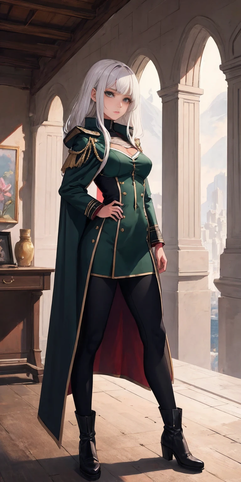 A woman with long platinum blonde hair, choppy bangs, arched crescent eyebrows, sharp and determined eyes, a delicate oval face, a serious expression, a fantasy-style dark green military coat, draped with a dark red waist-length cloak, military trousers, leather combat boots, silver greaves leggings, one hand on her hip, standing in a spacious training ground, this character embodies a finely crafted fantasy-style female military officer in anime style, exquisite and mature manga art style, pale skin, high definition, best quality, highres, ultra-detailed, ultra-fine painting, extremely delicate, professional, perfect body proportions, golden ratio, anatomically correct, symmetrical face, extremely detailed eyes and face, high quality eyes, creativity, RAW photo, UHD, 32k, Natural light, cinematic lighting, masterpiece-anatomy-perfect, masterpiece:1.5