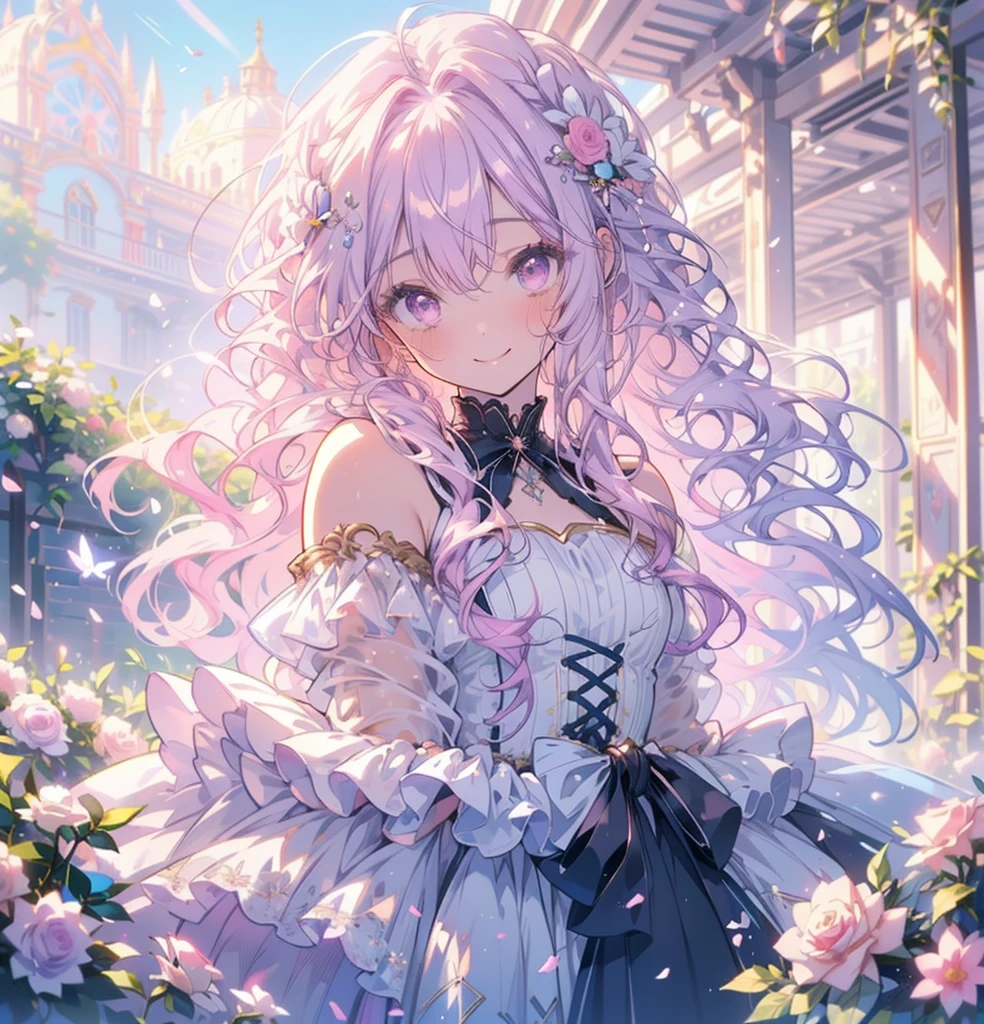 (masterpiece,Highest quality, Very detailed, beautiful, Exquisite, 16K, Full HD), (Asahi,sunlight,sunny,Petals fluttering,garden),((smile,Happy:1.5)),get up,((Frills, Rhinestones and flowers,Sparkling fluffy layered ball gown)), Lots of flowers,Floral decoration,((Surrounded by roses)),(Pink medium hair,Hair blowing in the wind, Wavy Hair,Fluffy hair),(White skin,Lavender eyes, Long eyelashes, Big eyes,Pale pink cheeks),Dazzling Light, Warm lighting, (pastel colour,Fantasy art:1.2),