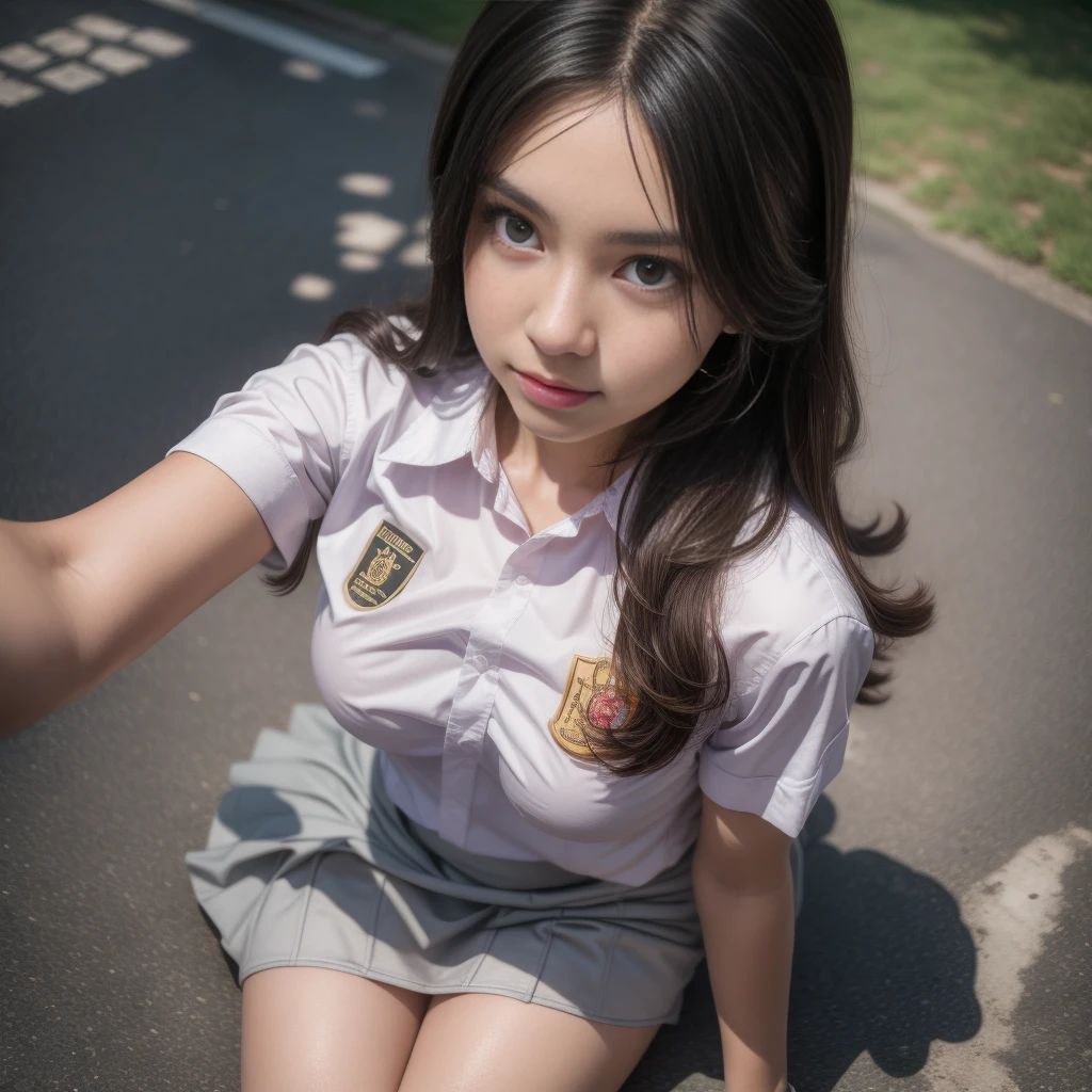 1girl, (uniform), sits with her legs pressed to her chest, outdoors, detailed Metropolitan city at the background, detailed face, detailed eyes, brunette, big breasts, smooth realistic skin, semi-curvy body, white shirt, grey blue hot miniskirt , looking at the audience, Full body shot, camera from above, overhead view, (8k, RAW photo, best quality, masterpiece: 1.2), (realistic, realistic: 1.37), ultra-high resolution