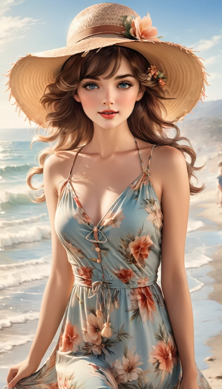 Extremely beautiful woman wearing a floral summer dress and a straw hat at the beach, perfect face, perfect eyes, perfect light, glamorous, gorgeous, delicate, romantic, Harrison Fisher