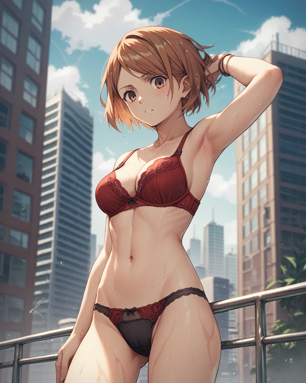 score_9, score_8_up, score_7_up, petra ral, 1girl, solo, short hair, brown hair, brown eyes, red bra, black panties wet,city,whole body,stand
