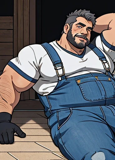 (handsome mature man plump chubby morbid extremely thick thighs bulging belly fat), older man, gray hair, white man, wearing , hairy chest, hairy belly,
mechanic overalls, bare overalls, gloves, , bulge, detailed glade on clothing, (fat and corpulent: 1.3), full beard very long, looking at the viewer, handsome man, detailed eyes, symmetrical face, mischievous smile, robust, mustache, longer hair, his body is lying sideways on the floor, front view.