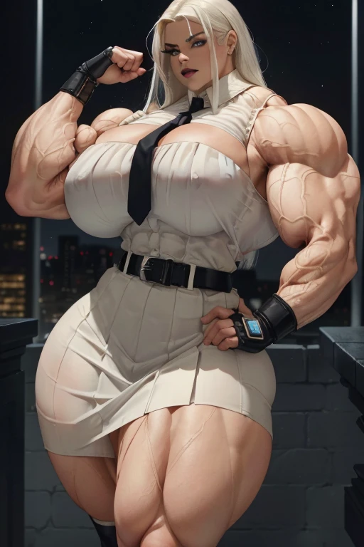 ((Close-up)), tall, (White hair) beautiful muscular woman, long straight hair, light brown skinned, closed smile, (black lipstick), big breast, (massive muscles), (hyper muscle), ((ginormous bulky muscles)), glowing blue eyes, (((white sleeveless pleated shirt))), ((black pencil skirt with belt)), (fingerless gloves), (necktie), high heels, night in rooftop,