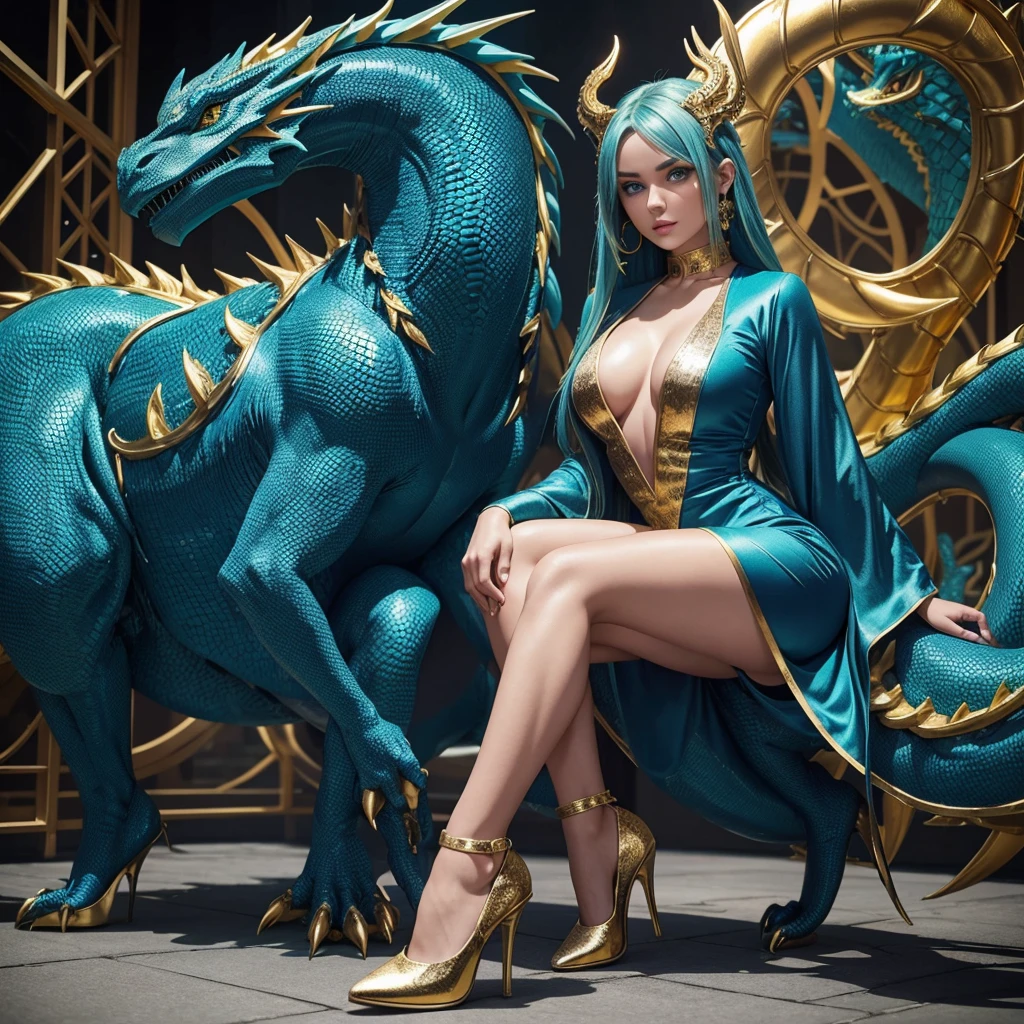 A shy girl, hair green, blue colored eyes, gold colored jumpsuit clothes, high heels, next to a big blue dragon, with colorless scales 