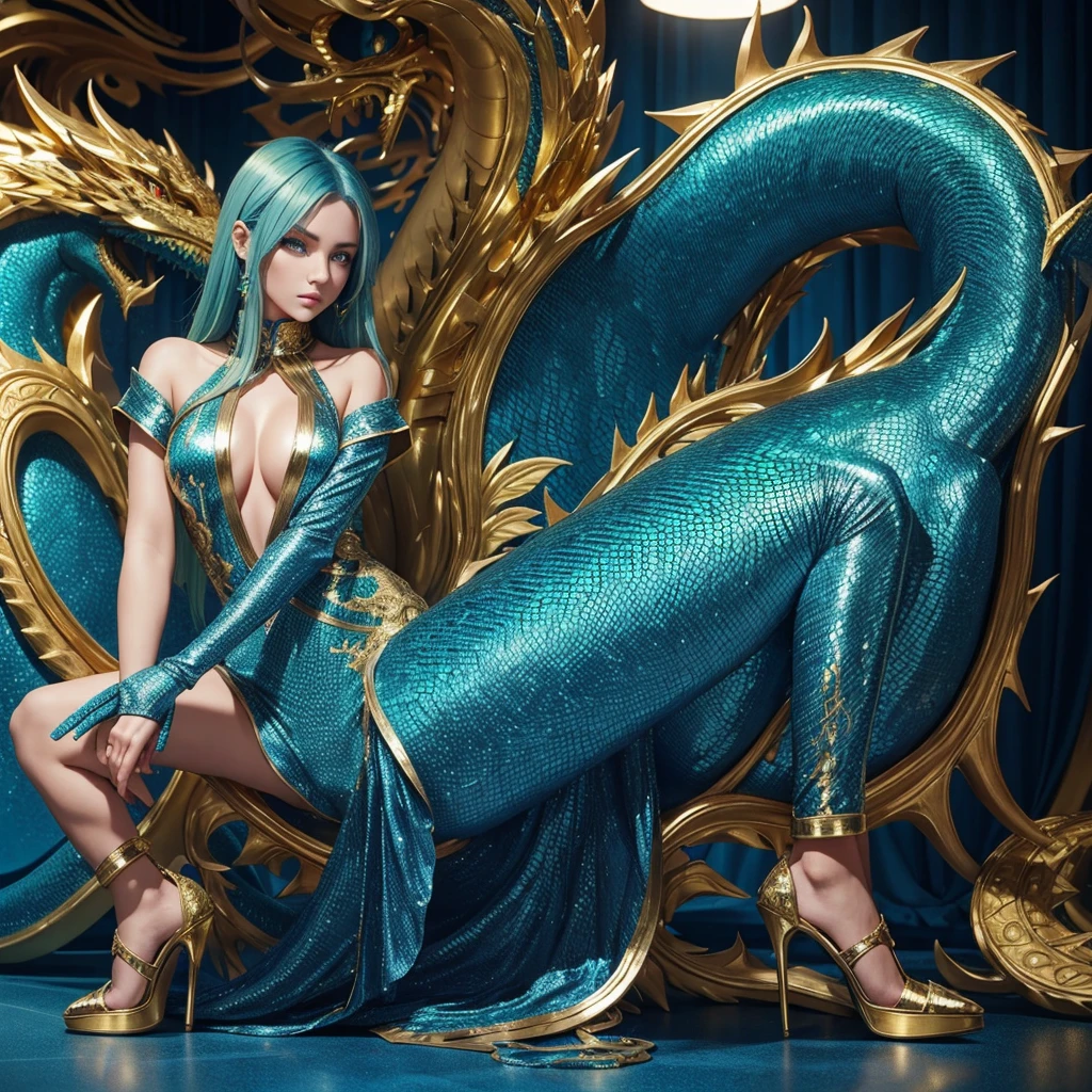 A shy girl, hair green, blue colored eyes, gold colored jumpsuit clothes, high heels, next to a big blue dragon, with colorless scales