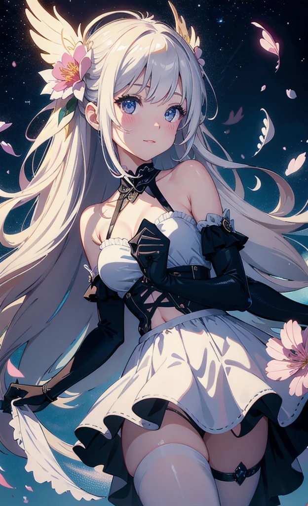 Masterpiece artwork, best qualityer, 1girl, (fullcolor), (delicate eyes and face), Lumiere volumática, Ray tracing, bust photo, extremely detailed CG Unit 8K wallpaper, 独奏, ssmile, intricate bikini, ((flying petal)), (flowery meadow) sky, sky nublado, moonlighr, moonligh, natta, (dark theme: 1.3), Lumiere, fancy, windy, magic sparks, dark castle, long white hair
