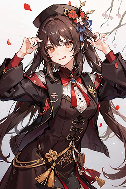 rating:safe, 1girl, flower, solo, hat, long_hair, tongue, tongue_out, looking_at_viewer, blush, brown_hair, hair_ornament, ribbon, brown_eyes, smile, upper_body, hair_between_eyes, black_headwear, hair_ribbon, bangs, eyebrows_visible_through_hair, hair_flower, jacket, closed_mouth, one_side_up, orange_eyes, red_shirt, breasts, petals, hu tao, genshin impact