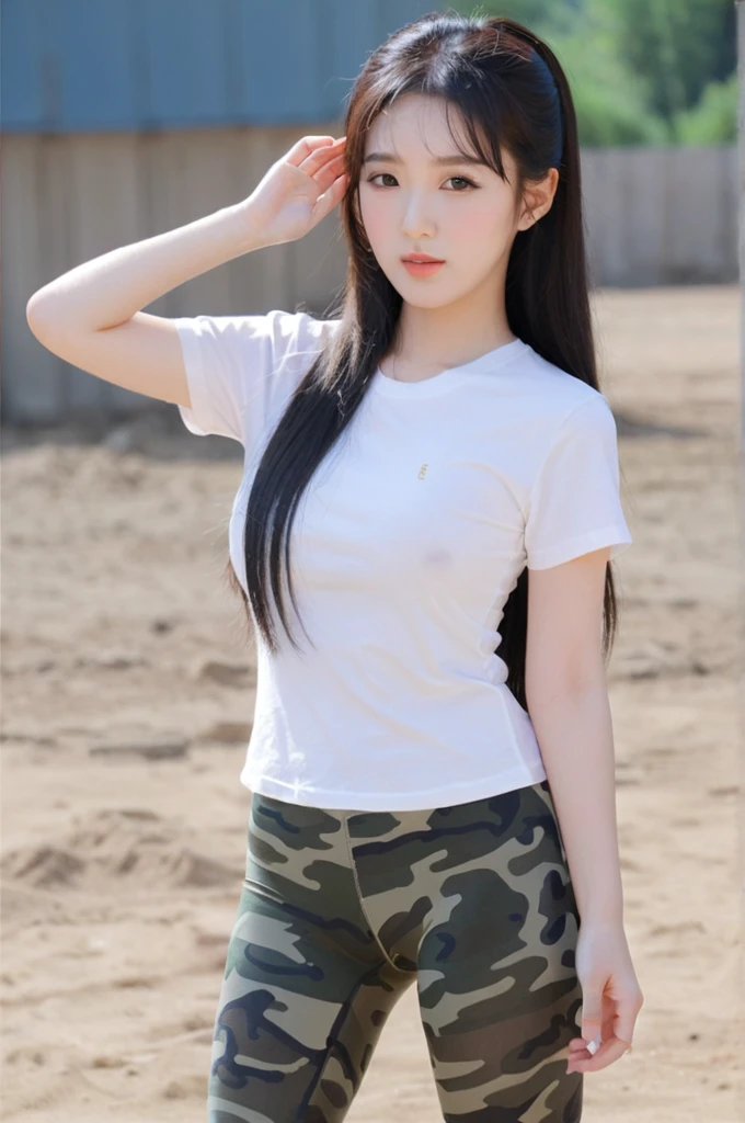 close-up of beautiful Chinese, Ningning is a AESPA South Korean pop girl group, age 18 years old girl, youthful face, perfect body, white body skin, very classic long hair, standard black hair, her hair is very straight and smooth, 36 inches breasts size, wearing a plain standard bright white short-sleeved t-shirt, wearing a tight camouflage leggings, sexy looking pose, pose a naughty look, pose looks seductive, at the military training camp, military training camp background, UHD