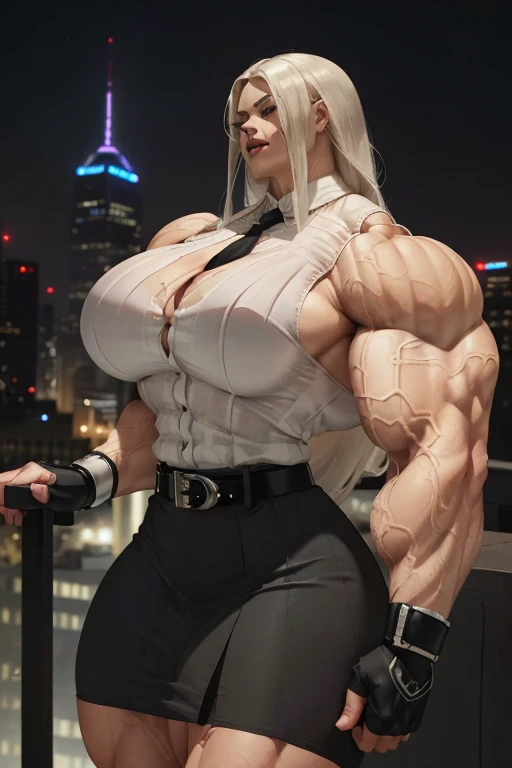 ((Close-up)), tall, (White hair) beautiful muscular woman, long straight hair, light brown skinned, closed smile, (black lipstick), big breast, (massive muscles), (hyper muscle), ((ginormous bulky muscles)), glowing blue eyes, (((white sleeveless pleated shirt))), ((black pencil skirt with belt)), (fingerless gloves), (necktie), high heels, night in rooftop,