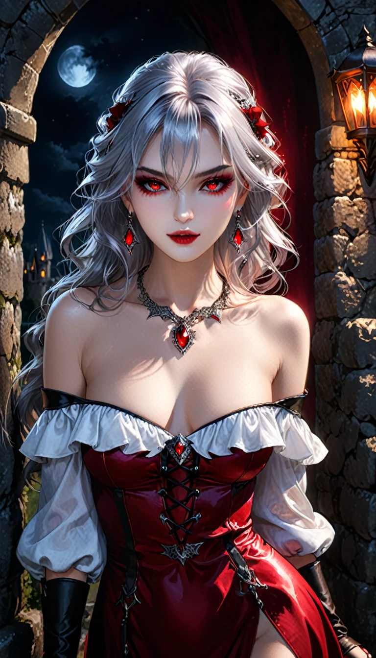 1girl, solo, mature woman, [white shirt top: red dress under], (vampire pattern clothing), long curvy messy hair, silver hair, glowing ruby colored eyes, black eye liner, glowing eyes, ((beautiful face)), detailed face, detailed eyes, perfect hands, (collarbone), (off shoulder), leather high boots, leather glove, set in ancient castle, stone wall, moonlight, cold light, POV, looking at viewer, medieval theme, pretty lips, (seductive look), waitress, illustration, 8k, super details, award winning, high res