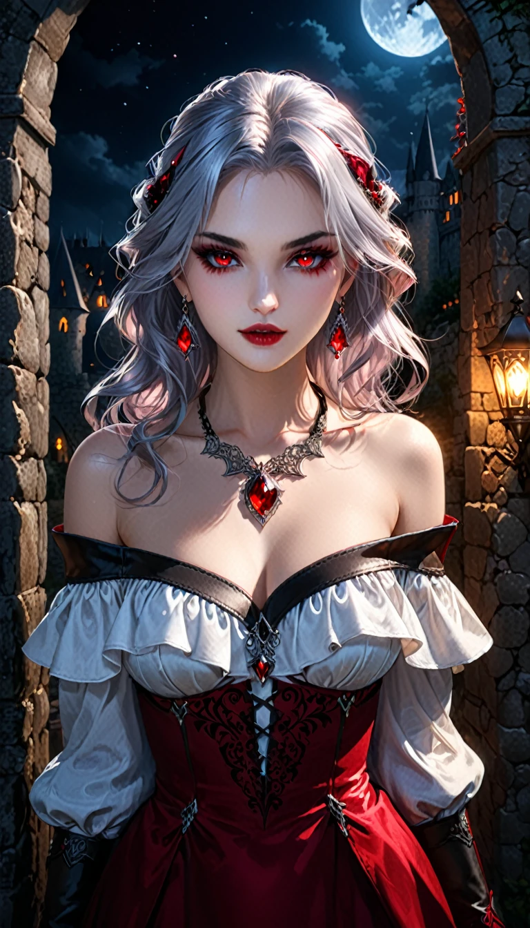 1girl, solo, mature woman, [white shirt top: red dress under], (vampire pattern clothing), long curvy messy hair, silver hair, glowing ruby colored eyes, black eye liner, glowing eyes, ((beautiful face)), detailed face, detailed eyes, perfect hands, (collarbone), (off shoulder), leather high boots, leather glove, set in ancient castle, stone wall, moonlight, cold light, POV, looking at viewer, medieval theme, pretty lips, (seductive look), waitress, illustration, 8k, super details, award winning, high res