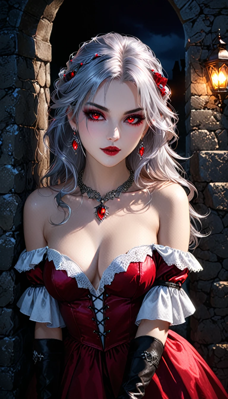 1girl, solo, mature woman, [white shirt top: red dress under], (vampire pattern clothing), long curvy messy hair, silver hair, glowing ruby colored eyes, black eye liner, glowing eyes, ((beautiful face)), detailed face, detailed eyes, perfect hands, (collarbone), (off shoulder), leather high boots, leather glove, set in ancient castle, stone wall, moonlight, cold light, POV, looking at viewer, medieval theme, pretty lips, (seductive look), waitress, illustration, 8k, super details, award winning, high res