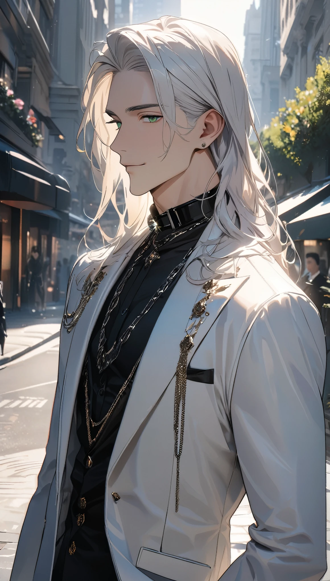 (masterpiece:1.5),best quality,(1 Handsome man),alone,white long length hair,(green eyes), (A soft smile),elegant,perfect face,Luxurious modern clothing,Slightly muscular body,High,8k,Beautiful contrast of light and shadow,(complete upper body),Positive face,((luxury street)),city center,daytime,plant,Flowers,anatomically correct,Black shirt,Luxurious white trench coat,Beautiful Boy,23 years old,Collar Chain,Lapel Pin,Waistcoat,movie lighting effects,