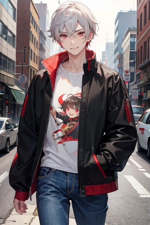 Young man with short white curly hair,Cao Cao,Eyes red,black and red sweatshirt and jeans,walking in a city,with a sweet smile