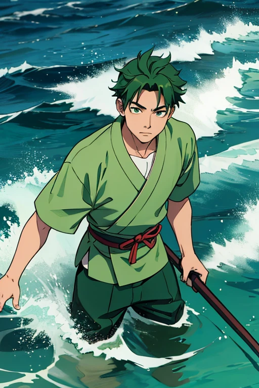 A young green-haired samurai boy adrift in the sea