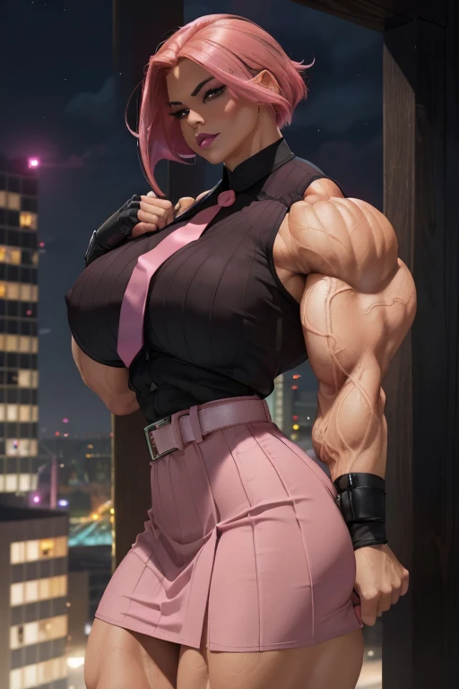 ((Close-up)), tall, (shocking pink hair) beautiful muscular woman, angled bob cut, light brown skinned, closed smile, (black lipstick), big breast, (massive muscles), (hyper muscle), ((ginormous bulky muscles)), glowing red eyes, (((pink sleeveless pleated shirt))), ((black pencil skirt with belt)), (fingerless gloves), (necktie), high heels, night in rooftop,