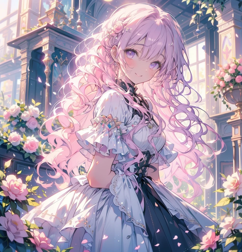 (masterpiece,Highest quality, Very detailed, beautiful, Exquisite, 16K, Full HD), (Asahi,sunlight,sunny,Petals fluttering,garden),((smile,Happy:1.5)),get up,((Frills, Rhinestones and flowers,Sparkling fluffy layered ball gown)), Lots of flowers,Floral decoration,((Surrounded by roses)),(Pink medium hair,Hair blowing in the wind, Wavy Hair,Fluffy hair),(White skin,Lavender eyes, Long eyelashes, Big eyes,Pale pink cheeks),Dazzling Light, Warm lighting, (pastel colour,Fantasy art:1.2), 