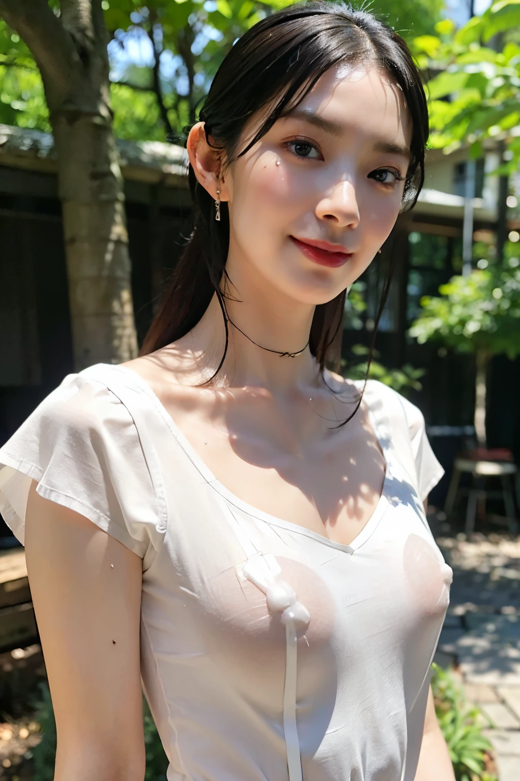 (realistic, photo realistic:1.4), (masterpiece, best quality:1.2),  RAW photo, high resolution, intricate details, extremely detailed, realistic and sharp details, 
cinematic lighting, portrait, (bust shot, frontal photography:1.5), looking at viewer,
solo, 1girl, a 30 years old Japanese woman,
(flat chest, tiny breasts, poor size bust:1.2), slender, extremely detailed eyes, extremely detailed face, eyes with beautiful details, sophisticated nose, pale skin, fine-textured skin,  (tight fit, white t-shirt, sweaty, shiny skin, collarbone, covered nipples:1.5), photo background, outdoors, nature, overgrown, forest, daytime,