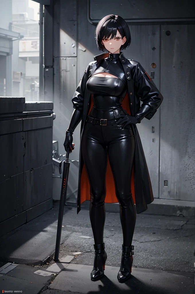 1woman, short hair, black hair, orange eyes, black leather outfit, standing on ground, high res, ultra sharp, 8K, masterpiece