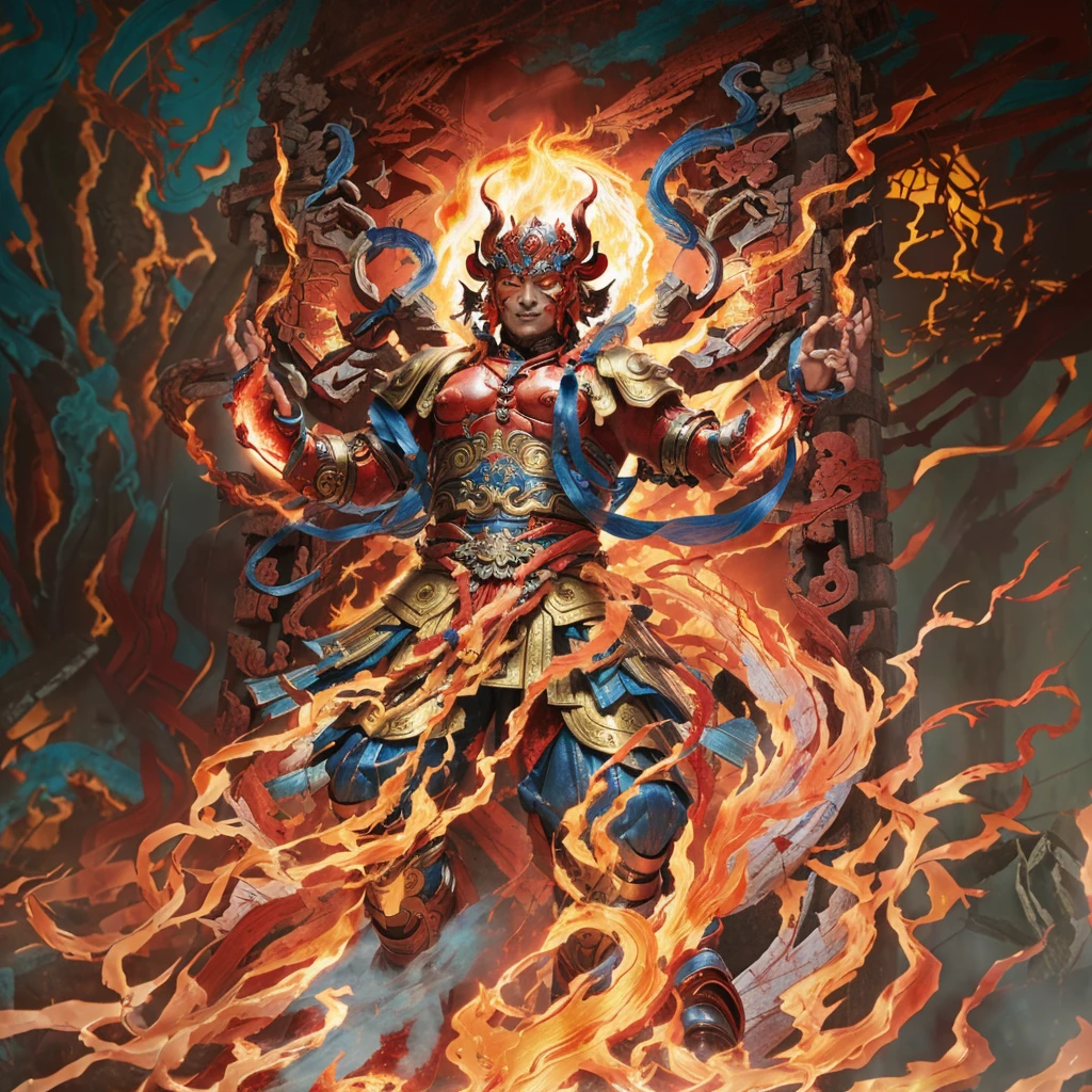 red asura, 6 arms, blue deity ribbon, fire demon, ancient Chinese armour, naked upper body