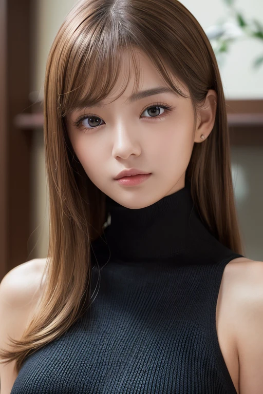 (masterpiece:1.5)、(Realistic:1.5)、(Highest quality:1.4、8k、RAW Photos）、
Ultra-high resolution、Professional Lighting、Perfect dynamic composition、indoor、
Film Grain、chromatic aberration、(Bokeh:1.1)、
Frank、Sophisticated、charm、Surreal、Attention to detail、Golden Ratio、
(1 girl)、Slender girl、繊細でcharm女の子、Cute Woman:1.4、
Serious expression、Looking at the audience、
Light brown hair、Shiny Hair、Random Cute Hairstyles、
Realistic looking skin、
Shut your mouth.、Beautiful Eyes、double eyelid、Thin arms、
(Wearing a black turtleneck knit)