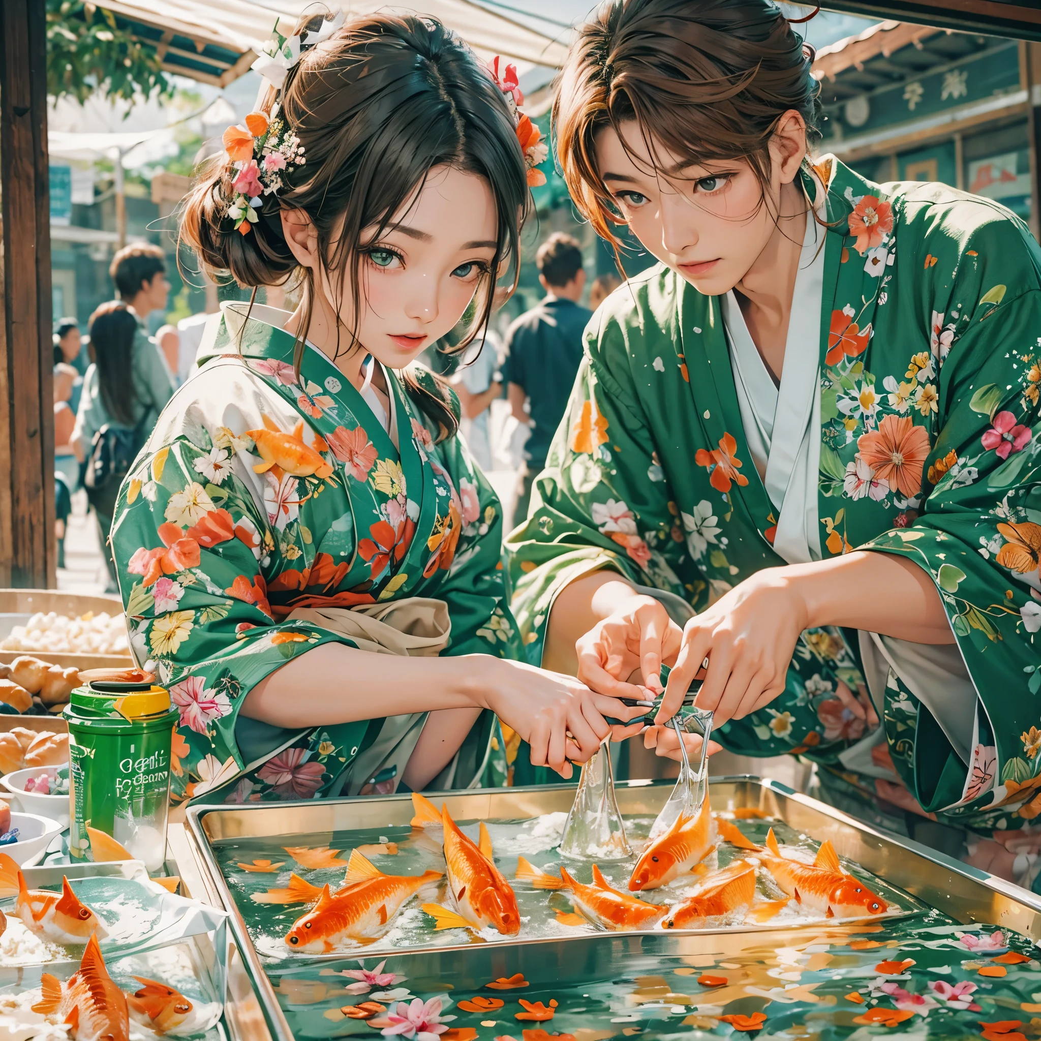 A man and woman wearing green yukatas scooping goldfish at a summer festival stall。With a displeased look。Stylish and cool、Make it look like a fashion model。