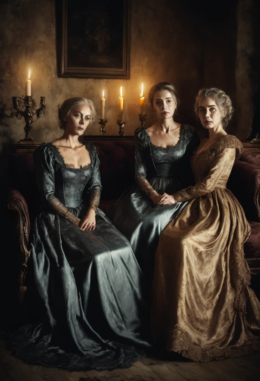 old photo of three women lady in silk dresses, sitting on old sofa, in a room with fireplace and candle lighting, horror style, desaturated, oil paint, renaissance period style