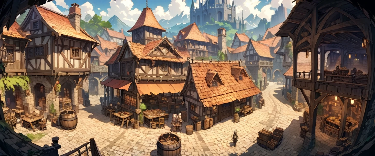 black market(Medieval European taverns、black market)，Filled with all kinds of transactions，There are also sales。Bird's eye view composition，Panorama pictures，Scene screen，Game concept art style，Anime illustration style，HD，4K。