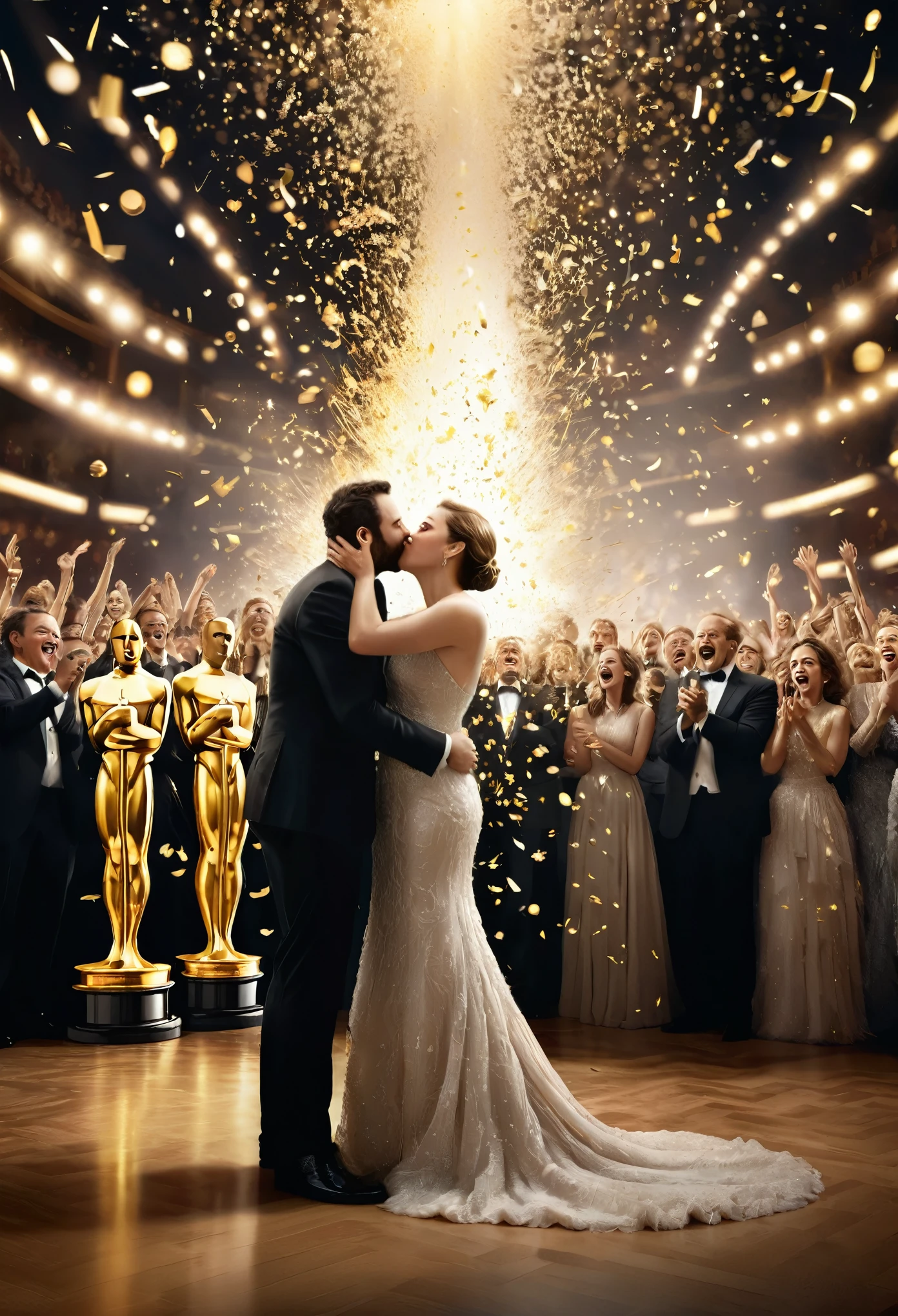 academy awards, the moment of the award, explosion of emotion, people praising, (ultra detailed, absolutely resolution, best quality:1.3), 2.5D, delicate and dynamic, shading effects, hyper realistic, artistic photography