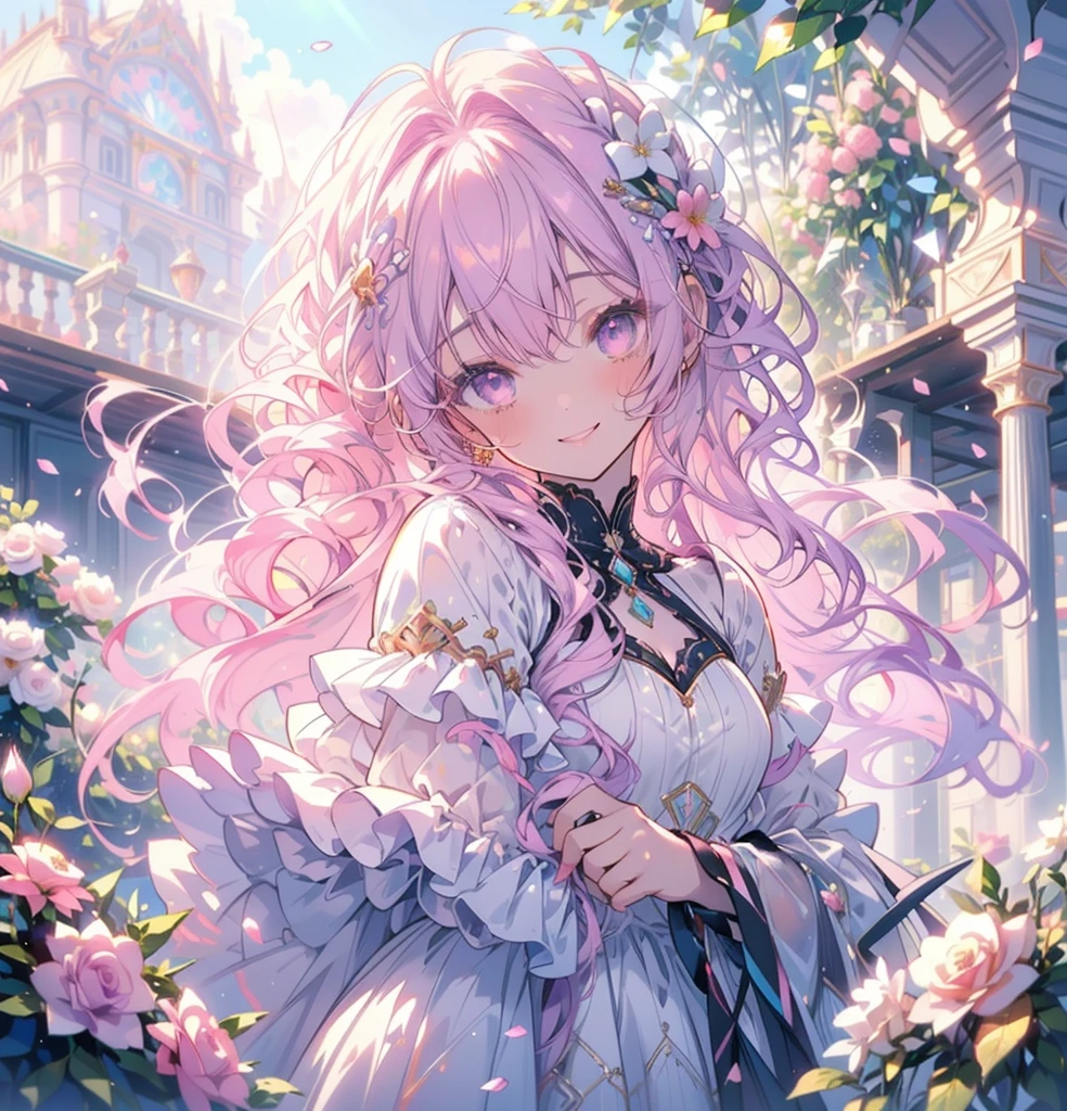 (masterpiece,Highest quality, Very detailed, beautiful, Exquisite, 16K, Full HD), (Asahi,sunlight,sunny,Petals fluttering,garden),((smile,Happy:1.5)),get up,((Frills, Rhinestones and flowers,Sparkling fluffy layered ball gown)), Lots of flowers,Floral decoration,((Surrounded by roses)),(Pink medium hair,Hair blowing in the wind, Wavy Hair,Fluffy hair),(White skin,Lavender eyes, Long eyelashes, Big eyes,Pale pink cheeks),Dazzling Light, Warm lighting, (pastel colour,Fantasy art:1.2),Front facing