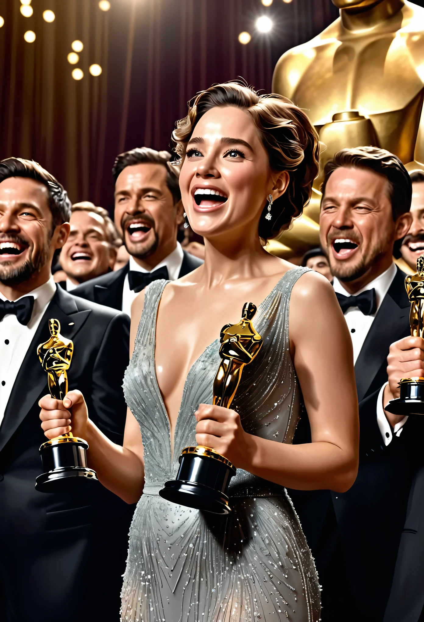 academy awards, the moment of the award, explosion of emotion, people praising, (ultra detailed, absolutely resolution, best quality:1.3), 2.5D, delicate and dynamic, shading effects, hyper realistic, artistic photography