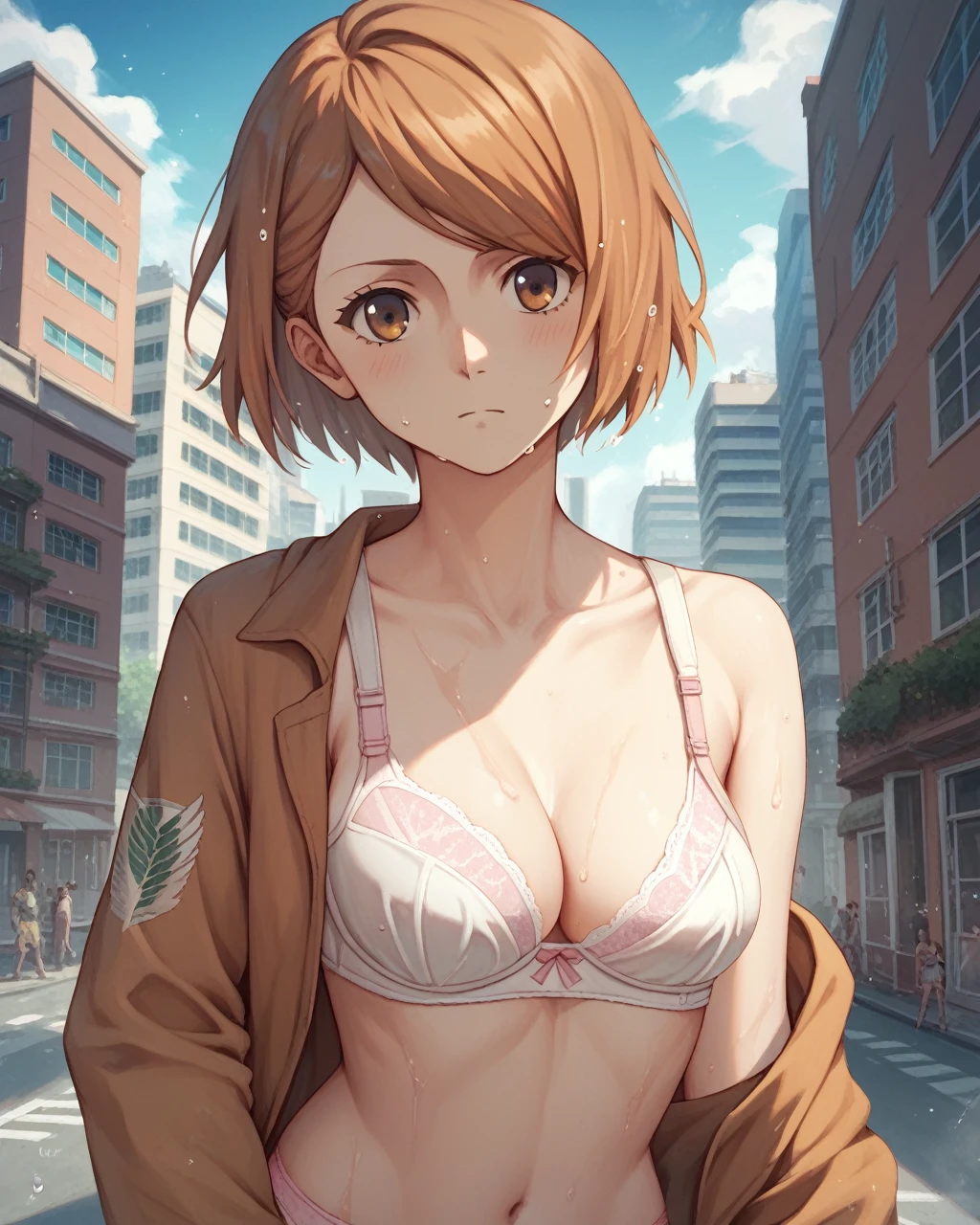 score_9, score_8_up, score_7_up, petra ral, 1girl, solo, short hair, brown hair, brown eyes, white bra, pink panties wet,city,whole body,stand