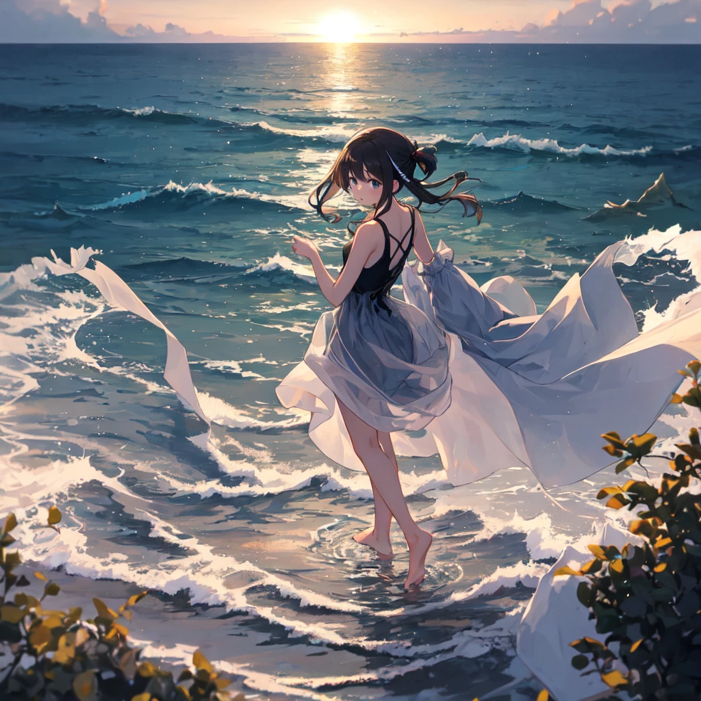 ((masterpiece, best quality)), night, Thin clothes, girl, Put one foot in the water with only the toes, girl standing, girl sideways, girl between the horizon and the sea, View from the side, Ripples spread from the toes, The scene of the incident was about 20 meters away from us, above sea level, night, The whole scene sparkles, There is a meteor shower