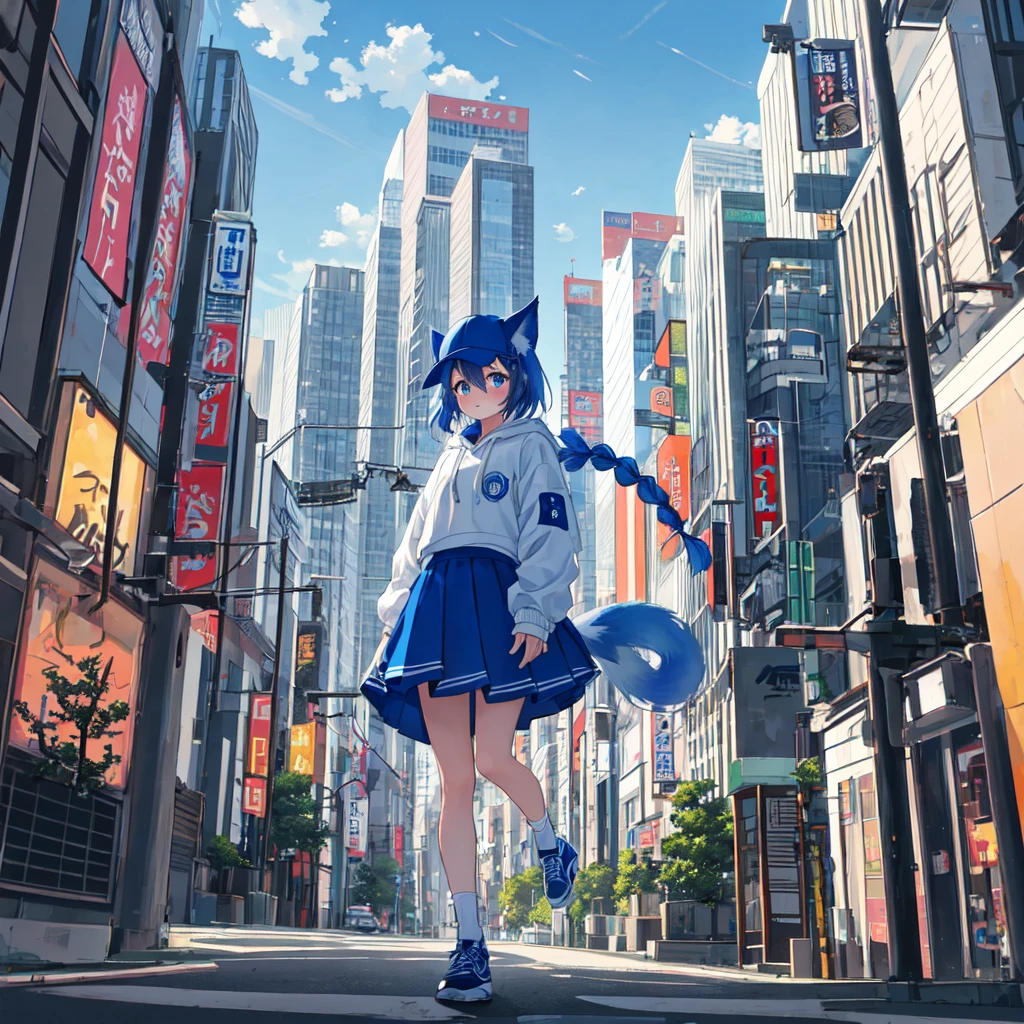 1 Girl, ager, (Animal ears), straight on, whole body, Looking at the audience, Hair between the eyes, Hair accessories, Colorful hair, Double braid, Fox Tail, (Multi-tail:1.3), badge, Bangs, (Blue baseball cap:1.2), Clothes Writing, White clothes, hood, hood down, permanent, Long sleeve, Shut up, (Blue Skirt:1.05), Solitary, (faint blush:0.9), bare Tree, architecture, City, Cityscape, sky, outdoor, sTreet, Tokyo (City), Tree